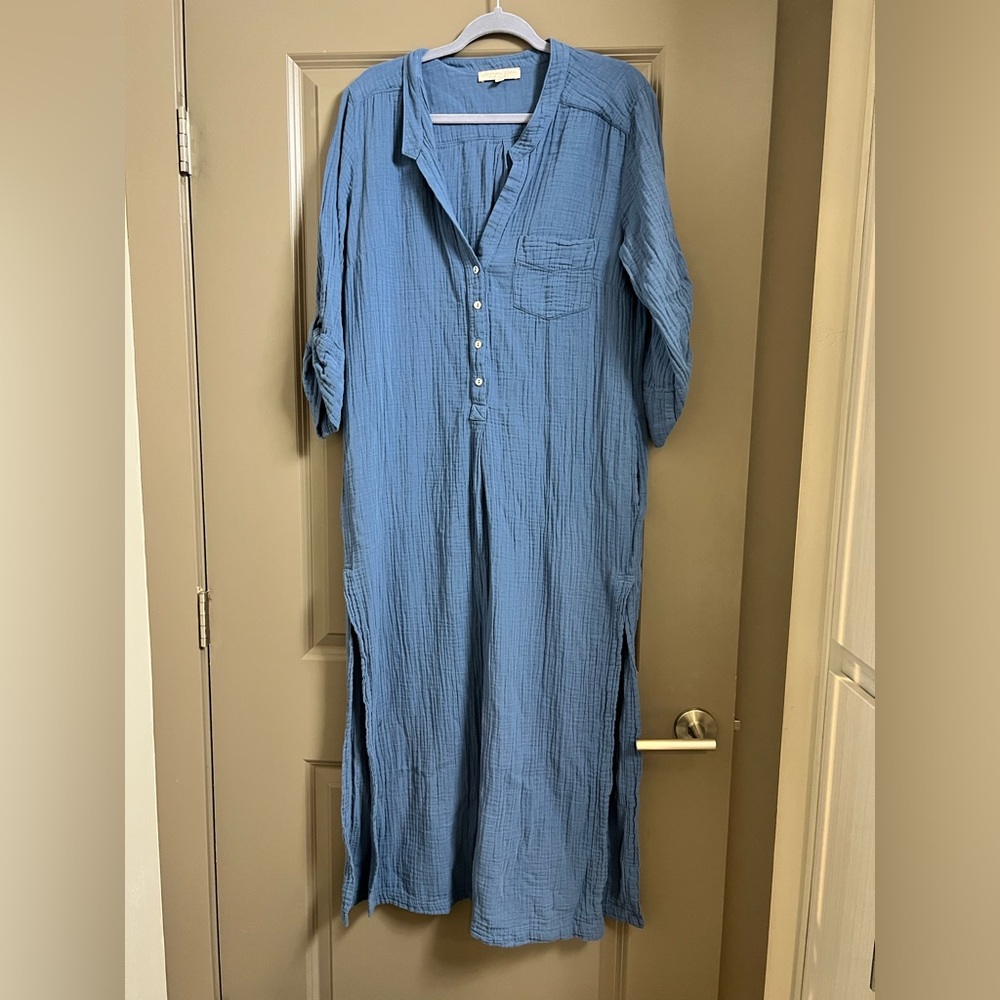 Everyday Ritual Tracy Gauze Cotton Henley Caftan Blue Large - Picture 2 of 5